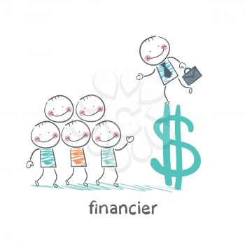 financier is on the dollar sign and talking with people