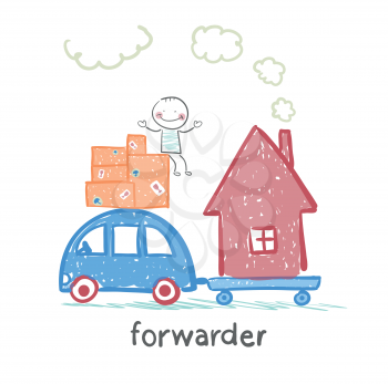 forwarder rides on a machine that carries boxes with the goods and home