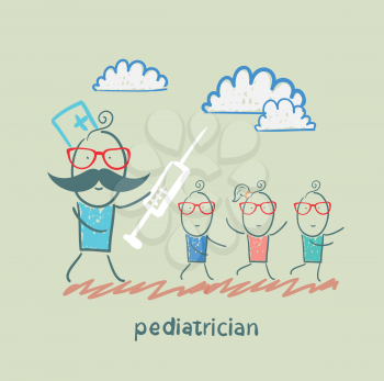 pediatrician with a syringe runs for children