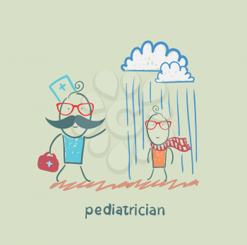 pediatrician talking to a sick child in the rain