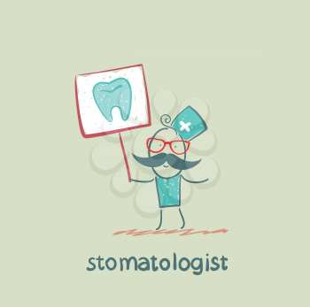 stomatologist with a placard on which painted a tooth