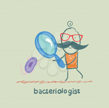 bacteriologist looks through a magnifying glass on microbes