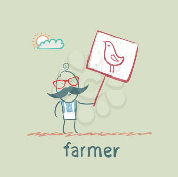 farmer holding a poster with chicken