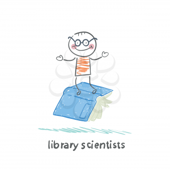 library scientists flying on book