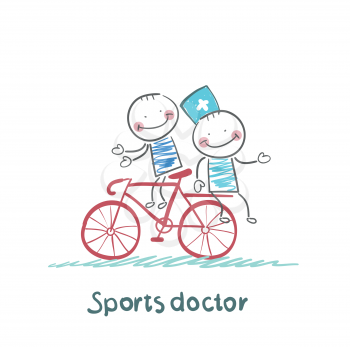 Sports doctor rides a bicycle with a patient