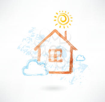 House in the sun and cloud grunge icon