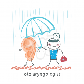 otolaryngologist  holding an umbrella over the patient