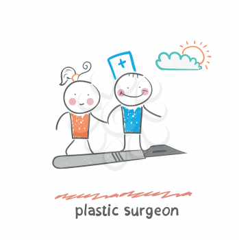 plastic surgeon with a patient flies on a scalpel