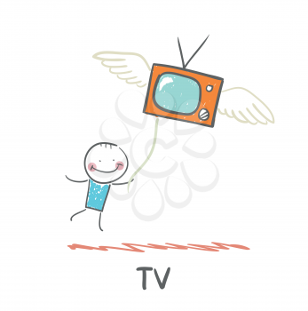 man flying with TV