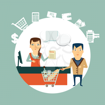 grocery store cashier serves customers illustration