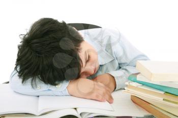 adorable boy tired to study a over white background 