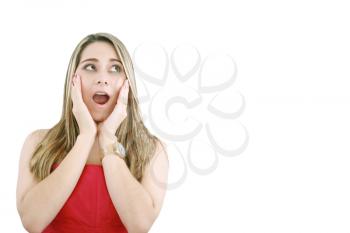 bright picture of surprised woman face over white 

