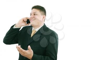 Business man talking on the phone isolated over white 
