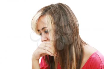 Pretty young beautiful woman with stress looks against isolated white background 