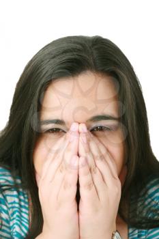 Depressed, sad woman on white background 