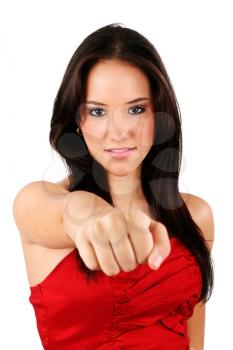 Portrait of an attractive young female punching. Isolated on white background 

