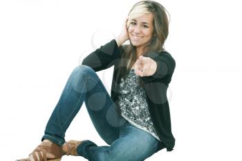 You are the one!, portrait of attractive smile laugh teenage girl, pointing her finger, isolated over white background 