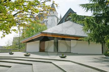 Exterior of modern european church with contemporary architecture 