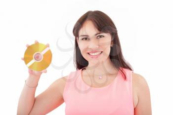 Woman with cd. Over white background