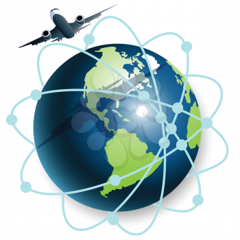 Royalty Free Clipart Image of a Plane and Globe