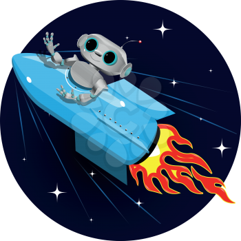 cartoon illustration of a robot in a rocket