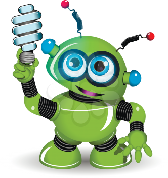 Illustration of a green robot with antennae and lamp