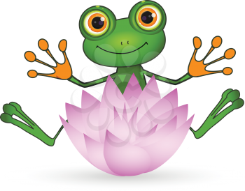 Illustration cute green frog with lotus flower