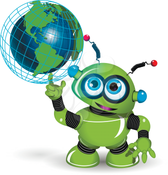 Illustration of a green robot and globe