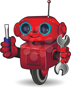 Illustration the red robot on the wheel with tool