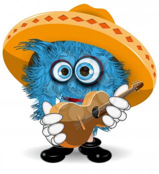 Illustration Blue Monster in Sombrero with Guitar