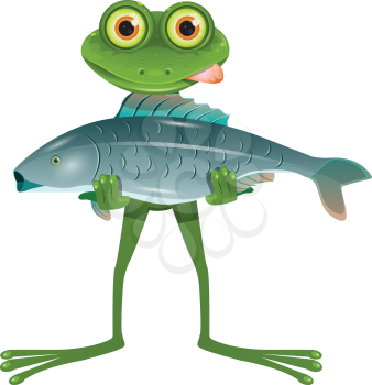 Illustration A Goggle-Eyed Frog with a Fish on a White Background