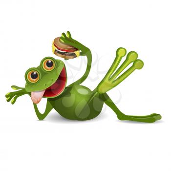 Stock Illustration Frog Lies with Cheeseburger on a White Background