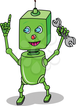 Stock Illustration Green Cartoon Robot with Spanner on a White Background