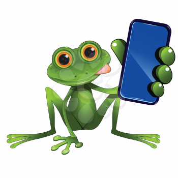 Stock Illustration of a Green Frog Sitting with a Smartphone on a White Background