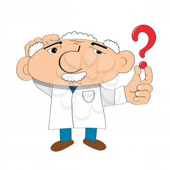 Stock Illustration Cartoon Scientist with Question Mark on a White Background