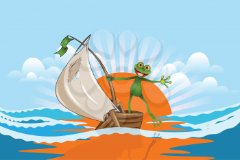 Illustration Merry Frog on a Boat in the Sea on a Cloudy Sky Background