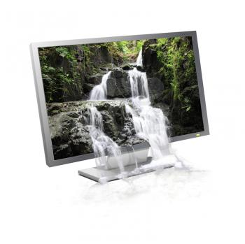 Waterfall flowing from a landscape displayed on a computer monitor