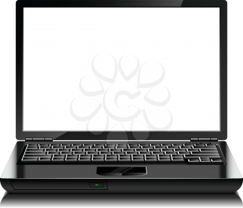 Modern black shiny laptop with blank screen isolated on white.
