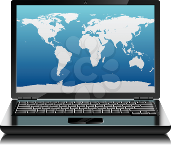 Black laptop with world outlines on the screen. Front view.