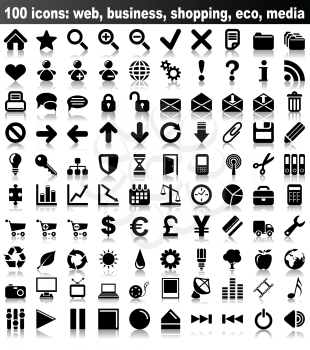 100 vector icons: web, business, finance, shopping, eco, media.