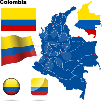 Colombia vector set. Detailed country shape with region borders, flags and icons isolated on white background.