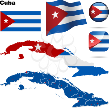 Cuba vector set. Detailed country shape with region borders, flags and icons isolated on white background.