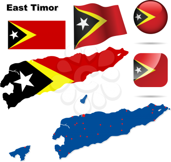 East Timor vector set. Detailed country shape with region borders, flags and icons isolated on white background.