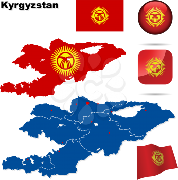 Kyrgyzstan vector set. Detailed country shape with region borders, flags and icons isolated on white background.