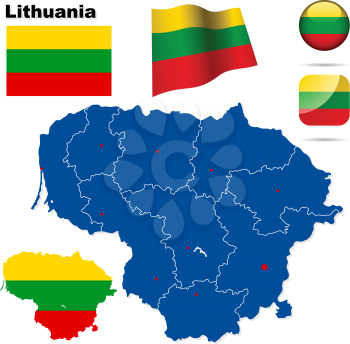 Lithuania vector set. Detailed country shape with region borders, flags and icons isolated on white background.