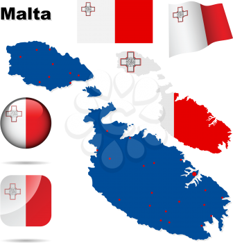 Malta vector set. Detailed country shape with region borders, flags and icons isolated on white background.