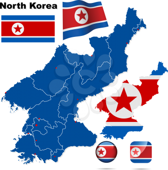North Korea vector set. Detailed country shape with region borders, flags and icons isolated on white background.