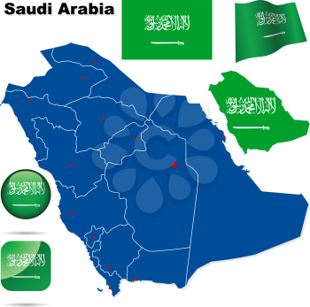 Saudi Arabia vector set. Detailed country shape with region borders, flags and icons isolated on white background.