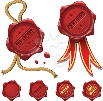 Collection of red wax seals isolated on white.