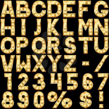 Golden alphabet with show lamps isolated on black background.
